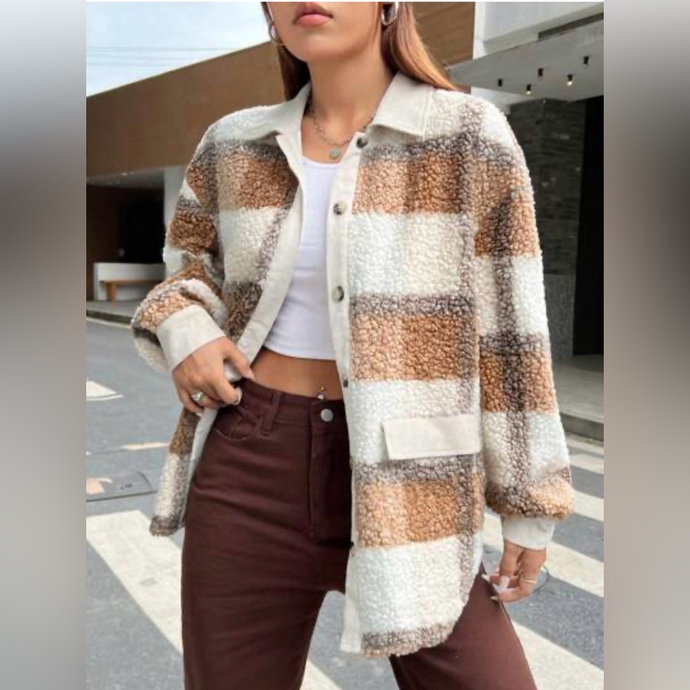 Plaid Sherpa Jacket - Cream, Gray, Brown